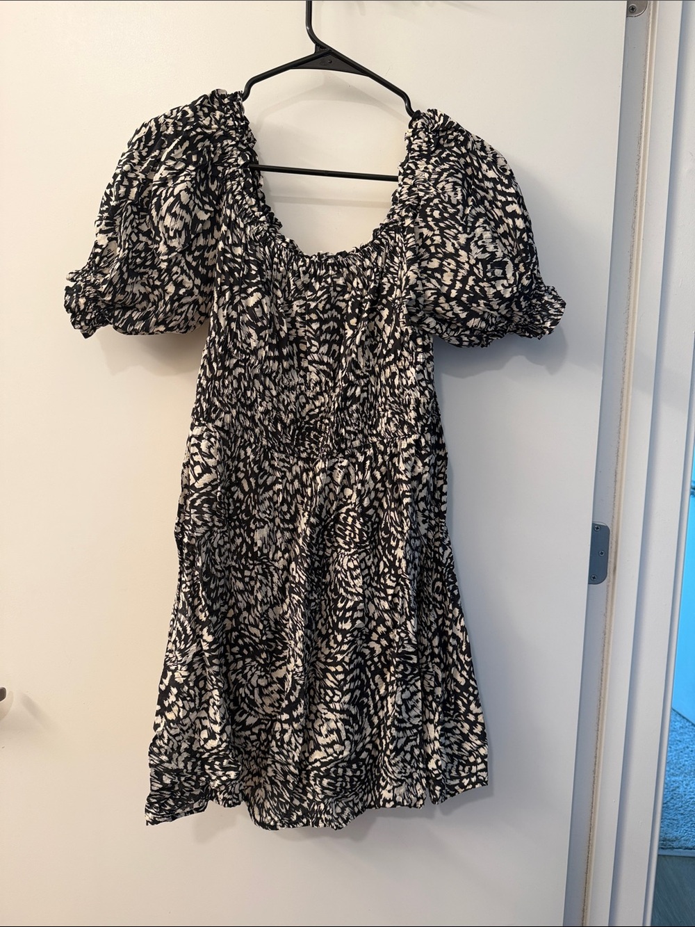 H&M Black and White Smocked Mini Dress with Puff Sleeves